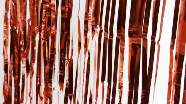 Shiny red gold foil fringe curtain swaying in the breeze, sparkling metallic tinsel texture on a clean white background, perfect glamorous party or event backdrop