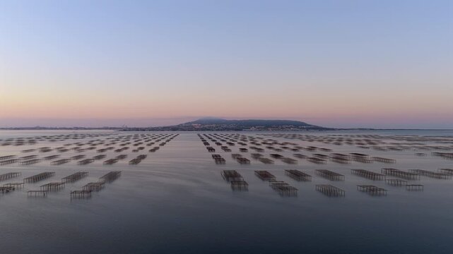 Aerial view of the Thau lagoon from Balaruc, Occitanie, France