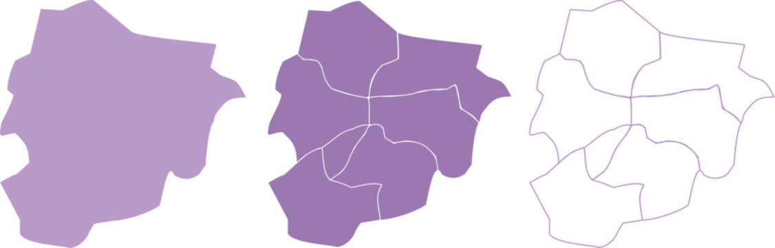 Andorra Map Three-Style Set &mdash; Solid Silhouette, Parish Divisions, and Outline in Purple Tones Vector Illustration