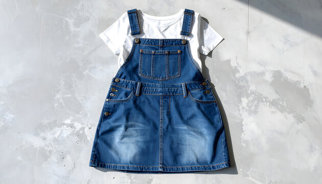 Denim pinafore dress with metallic buttons and white tshirt flat layed on grey concrete background in bright direct sunlight effects generative AI