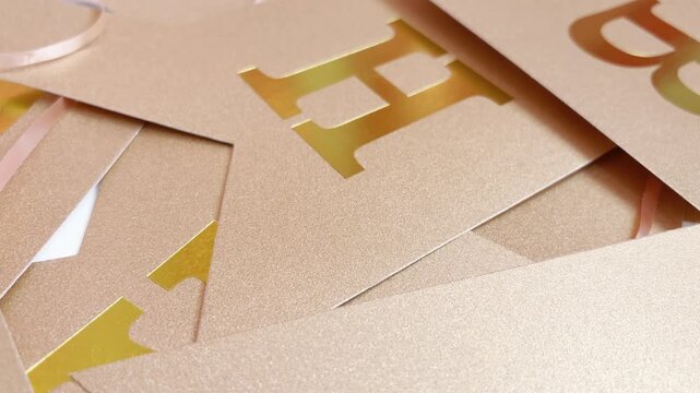 Golden happy birthday banner decoration close up isolated on a white background for party celebration and greetings with glittering paper letters ready to hang