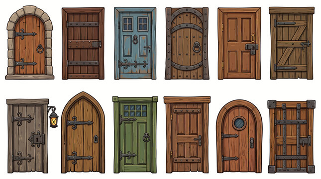 Door old vector cartoon icon set . Collection vector illustration wooden door on white background. Isolated cartoon illustration icon set of house doorway for web design
