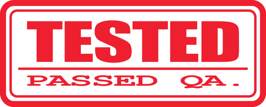 A vibrant red stamp graphic displaying 'TESTED PASSED QA', symbolizing successful completion of quality assurance, thorough product verification, and official approval