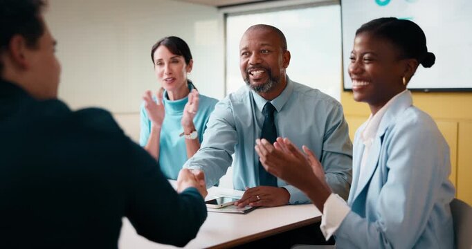 Happy, business people and handshake with applause in office for partnership, deal or agreement. Excited, employees or colleagues shaking hands with team clapping or smile for b2b or onboarding