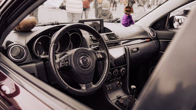 Kyiv, Ukraine - October 20, 2023. Interior view of a Mazda car displayed at Kyiv Car Fest, an automotive event featuring sports cars, modified vehicles and enthusiast automobile culture.