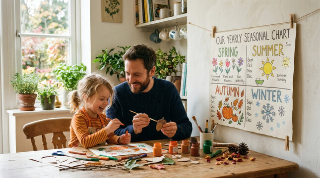 Father and child designing a seasonal wall chart with handmade icons and natural daylight.