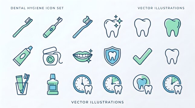 Simple green and blue dental hygiene icon set showing toothbrushes, electric brush, toothpaste, smiling mouth, shield tooth, clock timers, mouthwash and dental diagrams, offering clean modern vector i
