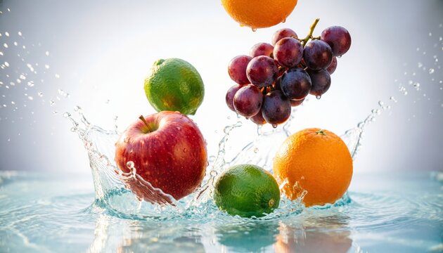 Fresh Fruits Splashing Into Water - Healthy Lifestyle Concept