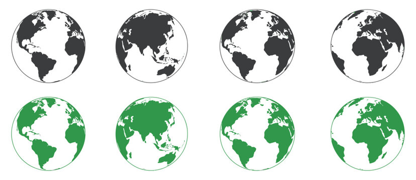 Planet Earth Globe Vector Icon Set with World Map Illustration, Continents and Oceans Geography Concepts for Digital Design, Travel, Education and Infographic Projects