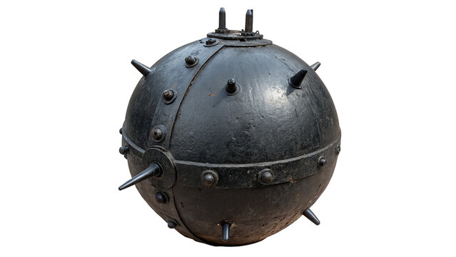 Old dark metallic naval contact land mine or naval explosive device for combat operations on transparent background
