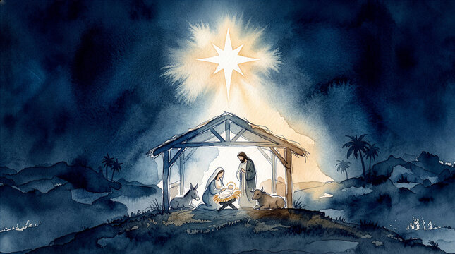 Artistic depiction of a celestial star shining over a structure sheltering figures and small quadrupedal animals