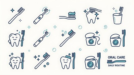 Obraz premium Playful oral care daily routine icon set featuring smiling teeth, manual and electric brushes, floss, toothpaste, and cups of water with bubbles and sparkles, conveying a fun, family friendly approach