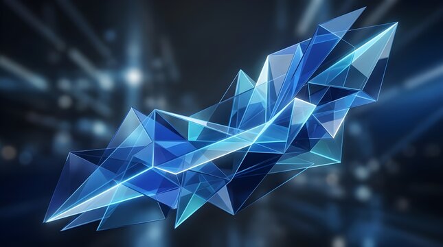 Abstract blue geometric crystal arrow illustration with futuristic digital technology effects. Modern polygonal transparent design with glowing neon lighting on a dark background, suitable for themes 