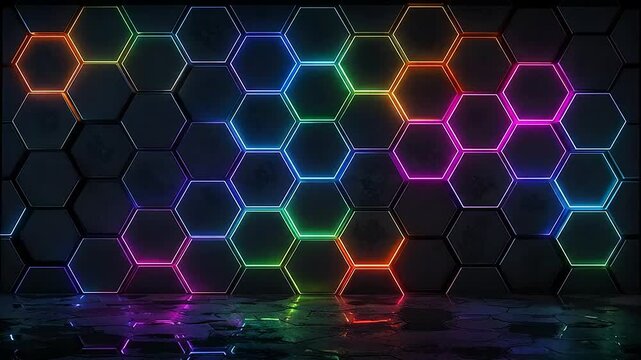 Abstract dark wall with glowing neon hexagonal light patterns