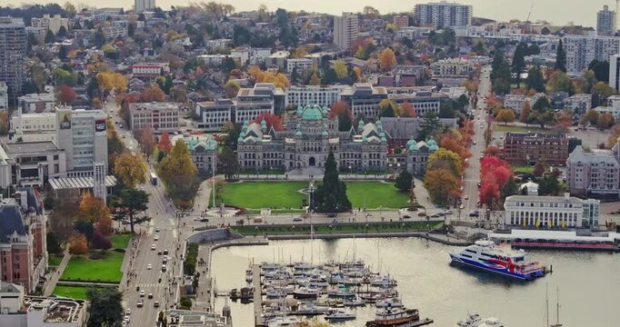 Aerial view of BC Legislative Parliament Building near harbor in Victoria, British Columbia, Canada