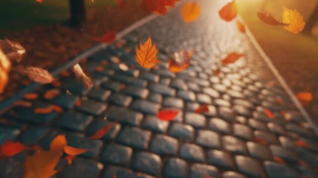 Autumn Leaves Blowing over a Sunlit Cobblestone Path