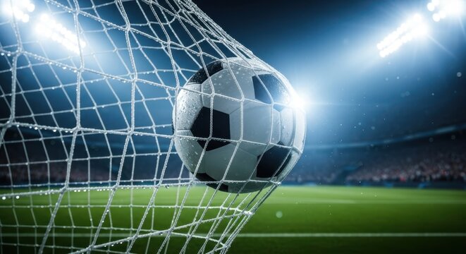 Soccer ball scoring a goal in a professional football stadium under bright lights