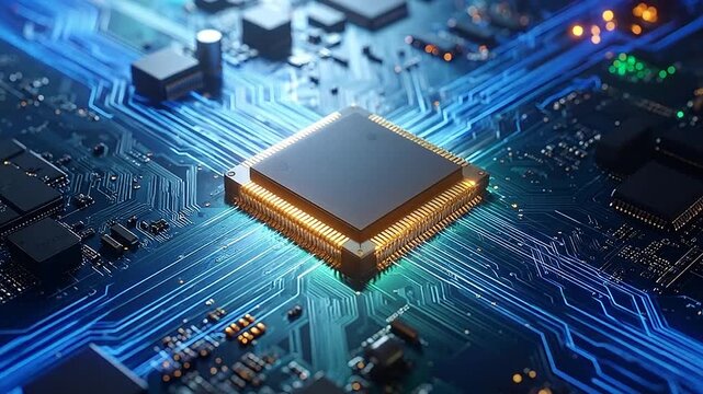 A glowing central processor on a complex digital circuit board