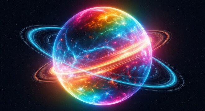 Planet with rings and cosmic energy trails sci fi universe astronomy celestial