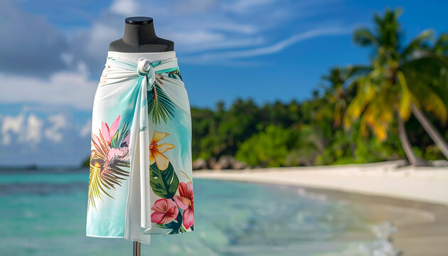 Wrap sarong skirt with a side tie knot on an invisible mannequin against a tropical beach with soft morning light generative AI