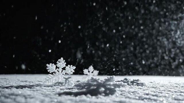 Close-up of two delicate snowflakes resting on a blanket of snow with falling snow in the background, creating a serene winter scene.
