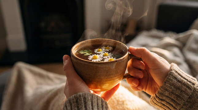 herbal tea selfcare calm evening relaxation chamomile comfort stress relief warm cup held in soft light suggests gentle ritual rest and emotional decompression concept story campaign