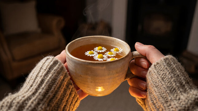 herbal tea selfcare calm evening relaxation chamomile comfort stress relief warm cup held in soft light suggests gentle ritual rest and emotional decompression concept story campaign