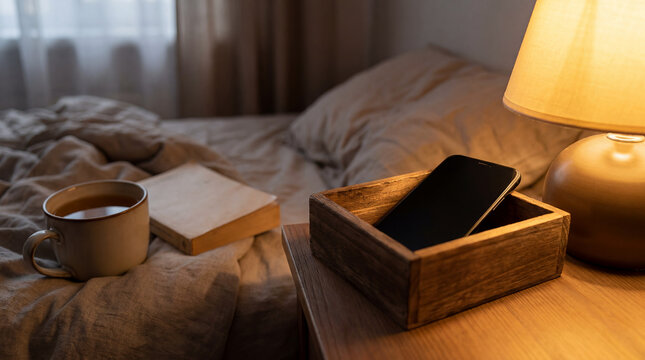 digital detox smartphone break selfcare boundaries rest screenfree mental wellbeing phone placed away in a wooden box symbolizes intentional disconnection attention recovery and healthier technology