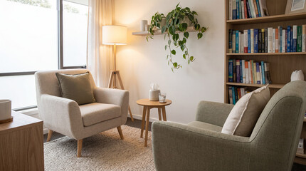 Fototapeta premium therapist office interior counseling room mental health consultation calm welcoming chairs books and soft light create a private professional setting for talk therapy support concept