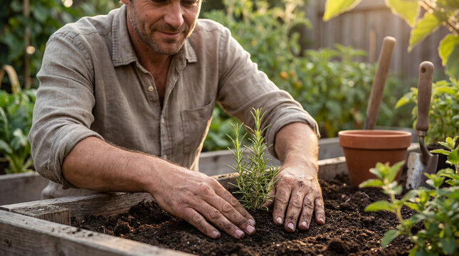 therapeutic gardening man stress relief backyard mindfulness nature wellbeing hobby hands in soil suggest restorative routine grounding and purposeful outdoor activity concept story