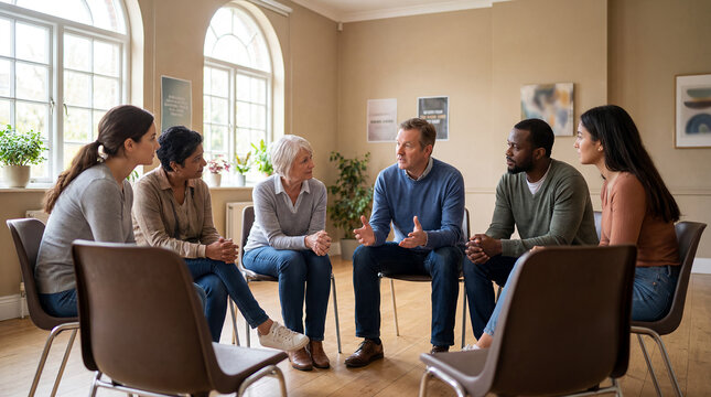 support group adults mental health counseling recovery sharing community emotional diverse circle conversation shows listening belonging and shared healing for group therapy awareness and peer support
