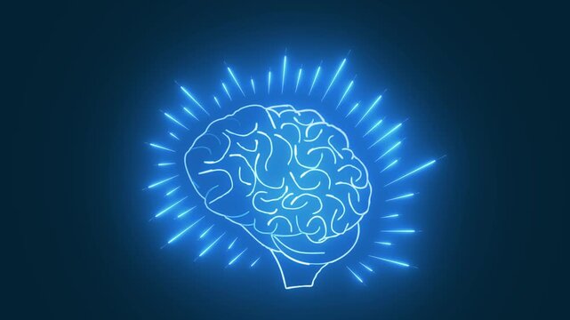 Futuristic neon brain symbolizes advanced artificial intelligence. Creative neon brain visualizes machine learning solutions. Human mind psychology with neon brain.