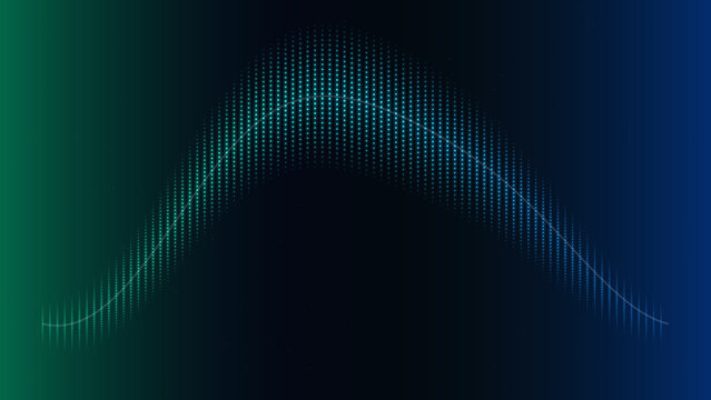 Futuristic wave pattern with blue and green gradient dots on dark background