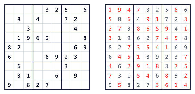 Sudoku puzzle grids with solutions and markings in red
