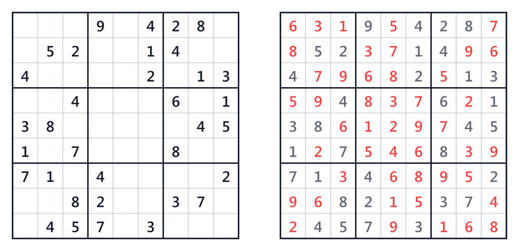 Sudoku puzzle grid with completed solution and hints in red  