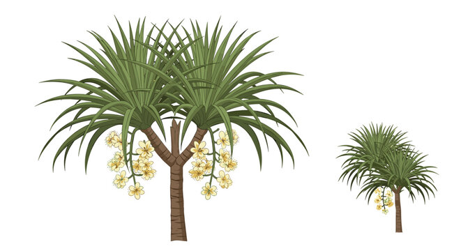 Tropical pandanus trees exhibit long pointed green leaves and hanging clusters of fragrant pale yellow blossoms.