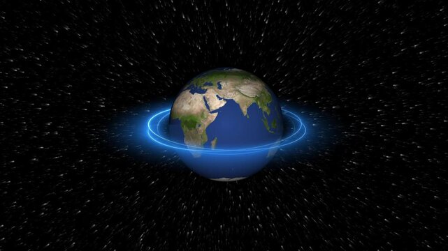 Digital earth globe rotates through high tech space pathways. Modern earth globe represents global logistics operations. International communication with earth globe.