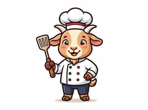 Cute cartoon goat chef holding a spatula illustration.