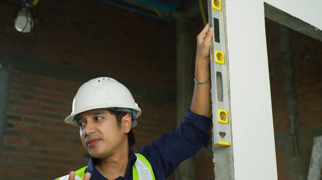 Construction worker hard hat wall alignment spirit level inspection measurement in unfinished interior building site focused safety reflective vest precise surface checking