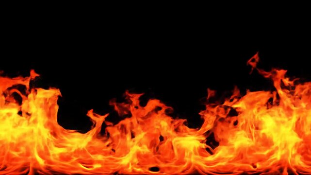 Intense inferno of realistic, vibrant orange and red flames meticulously flickering across the bottom, with a clean deep black void above for copy, slow push-in emphasizing evolving energy. Concept