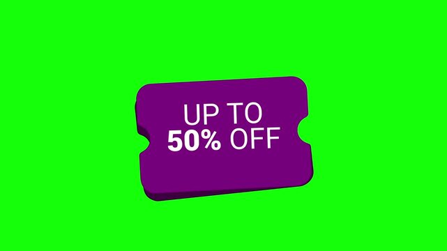 Voucher Coupon Ticket Up to 50 Percent Off Sale Typography Animation, Discount Promotion on Green Screen Chroma Key Background