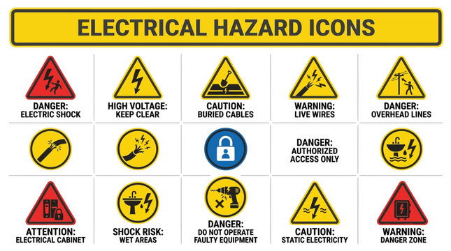 Electrical hazard icons display warning signs for safety precautions in industrial settings with caution symbols.