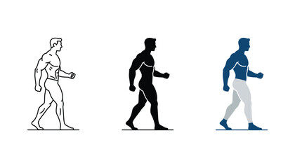 Fototapeta premium Muscular male bodybuilder walking pose icon set featuring outline solid and dual tone blue and grey vector graphic styles for fitness gym and health sports brand identity and mobile app design