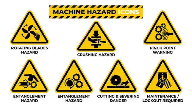 Machine hazard warning icons depict industrial safety signs with rotating blades, crushing, pinch points, entanglement, cutting, and maintenance hazards in a workplace setting with machinery.