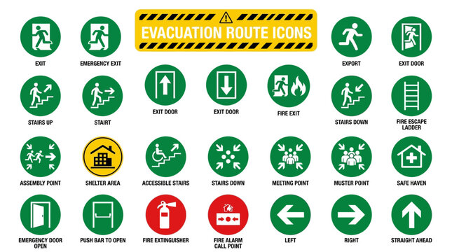 Evacuation route icons illustrate various actions for emergency exits and safety procedures in buildings.