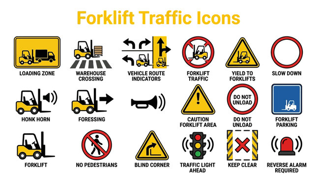 Forklift traffic icons illustrate safety signs and symbols for industrial vehicle operation and pedestrian warning in warehouses and loading zones with forklift traffic areas.