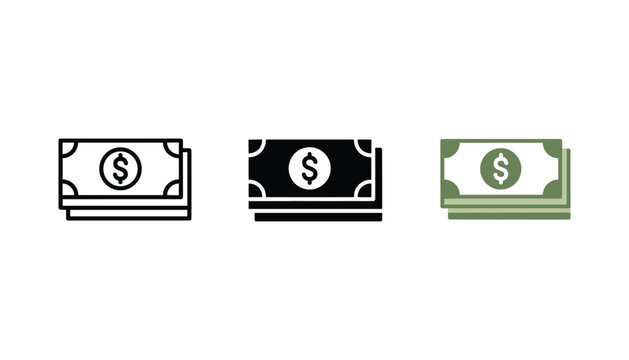 Stack of dollar banknotes icon set in three styles including line art solid black and green color variations for financial banking and business currency exchange concepts and digital marketing