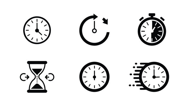 Time management icon set featuring clock stopwatch hourglass time loop and fast speed symbols in vector illustration style