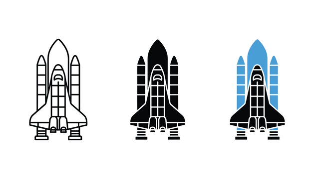Space shuttle launch icon set in outline solid and blue color styles for aerospace and science educational branding