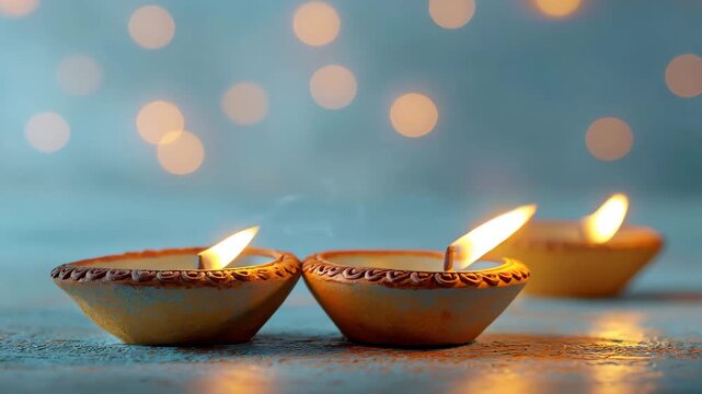 Diya oil lamp clay festival light diwali flame glow on blue surface with warm bokeh background for Indian celebration and spiritual tradition